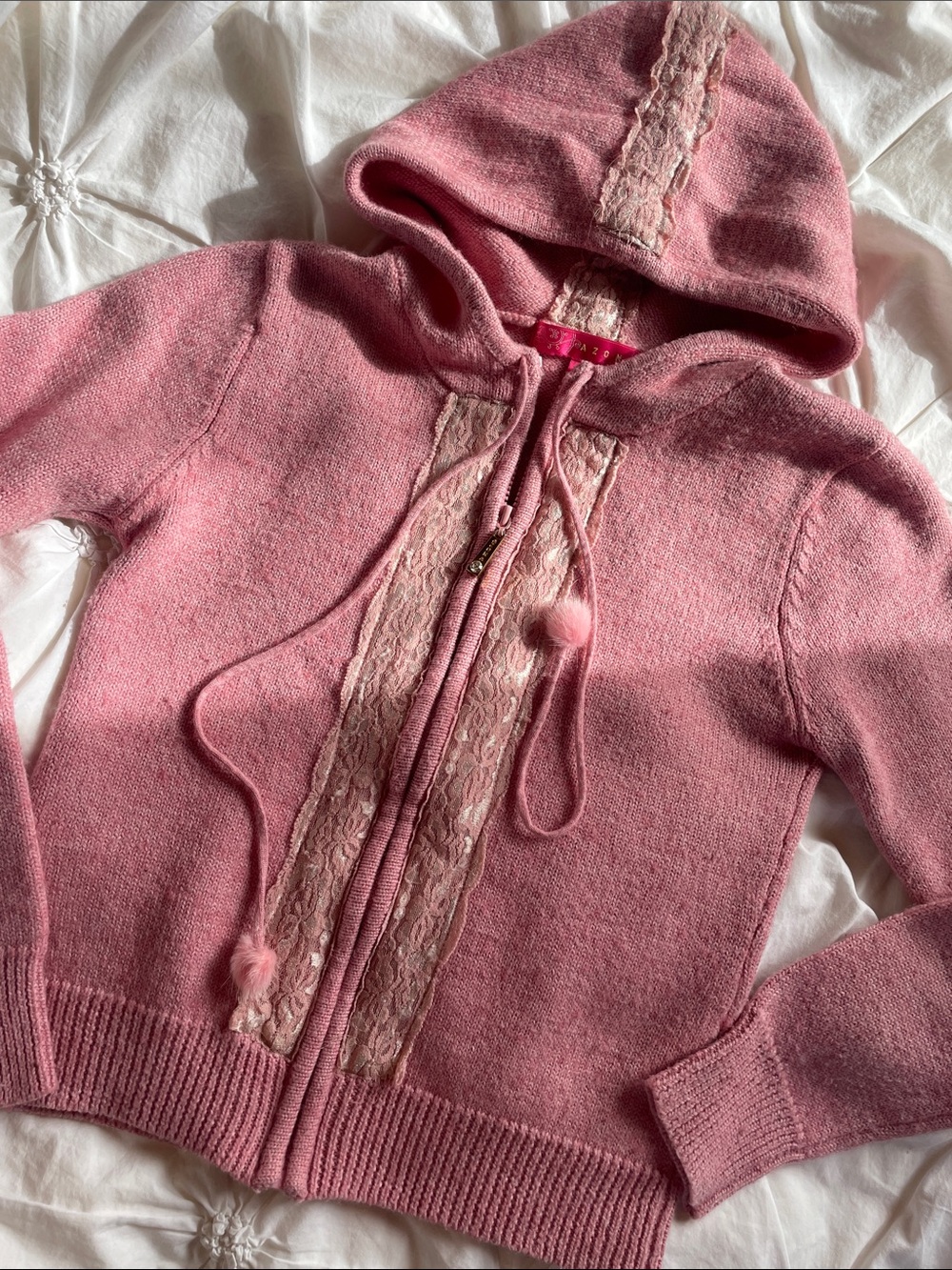 Vintage Y2K Gorgeous Pink Lace-Trim Hooded Zip Sweater